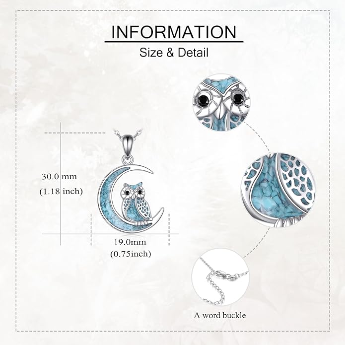 Turquoise Animal Necklace 925 Sterling Silver Cat/Fox/Owl Moon Pendant Jewelry Gift for Women