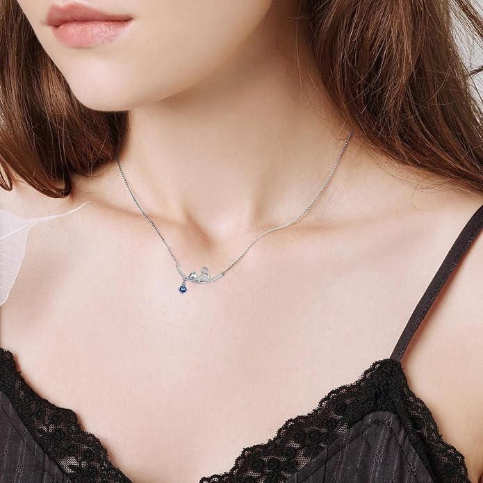 AOBOCO 925 Sterling Silver Lovely Cat Kitten Pendant Necklace with 12 Months Birthstone Crystal from Austria, Christmas Birthday Jewelry Gifts for Cat Lover