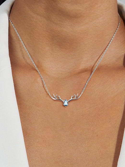 Silvora 925 Sterling Silver Deer Antler Necklace, Antler Deer Jewelry Antler Pendant Choker Birthstone Necklace Christmas Jewelry for Women