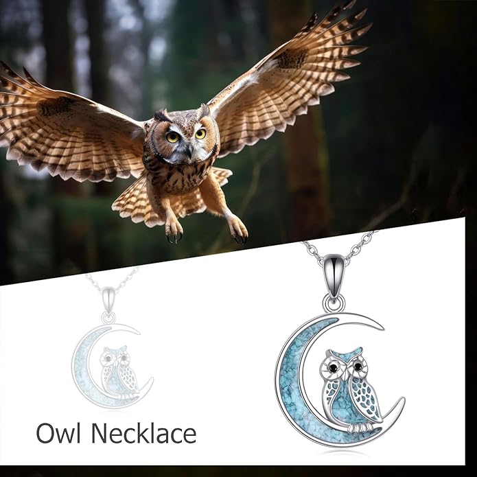 Turquoise Animal Necklace 925 Sterling Silver Cat/Fox/Owl Moon Pendant Jewelry Gift for Women