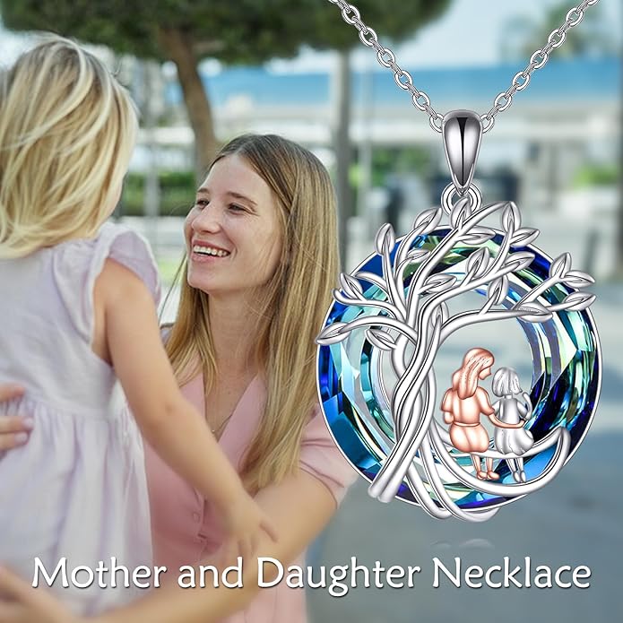 Tree of Life Necklace Sterling Silver Sister Pendant Blue Crystal Jewelry Gift for Women
