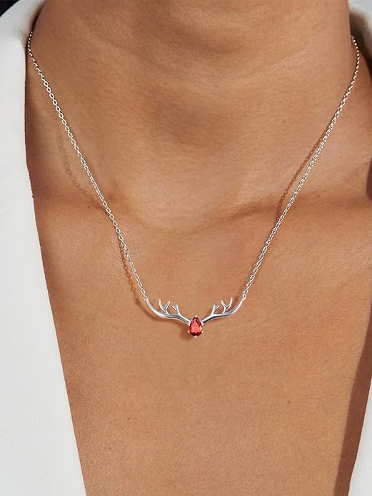 Silvora 925 Sterling Silver Deer Antler Necklace, Antler Deer Jewelry Antler Pendant Choker Birthstone Necklace Christmas Jewelry for Women