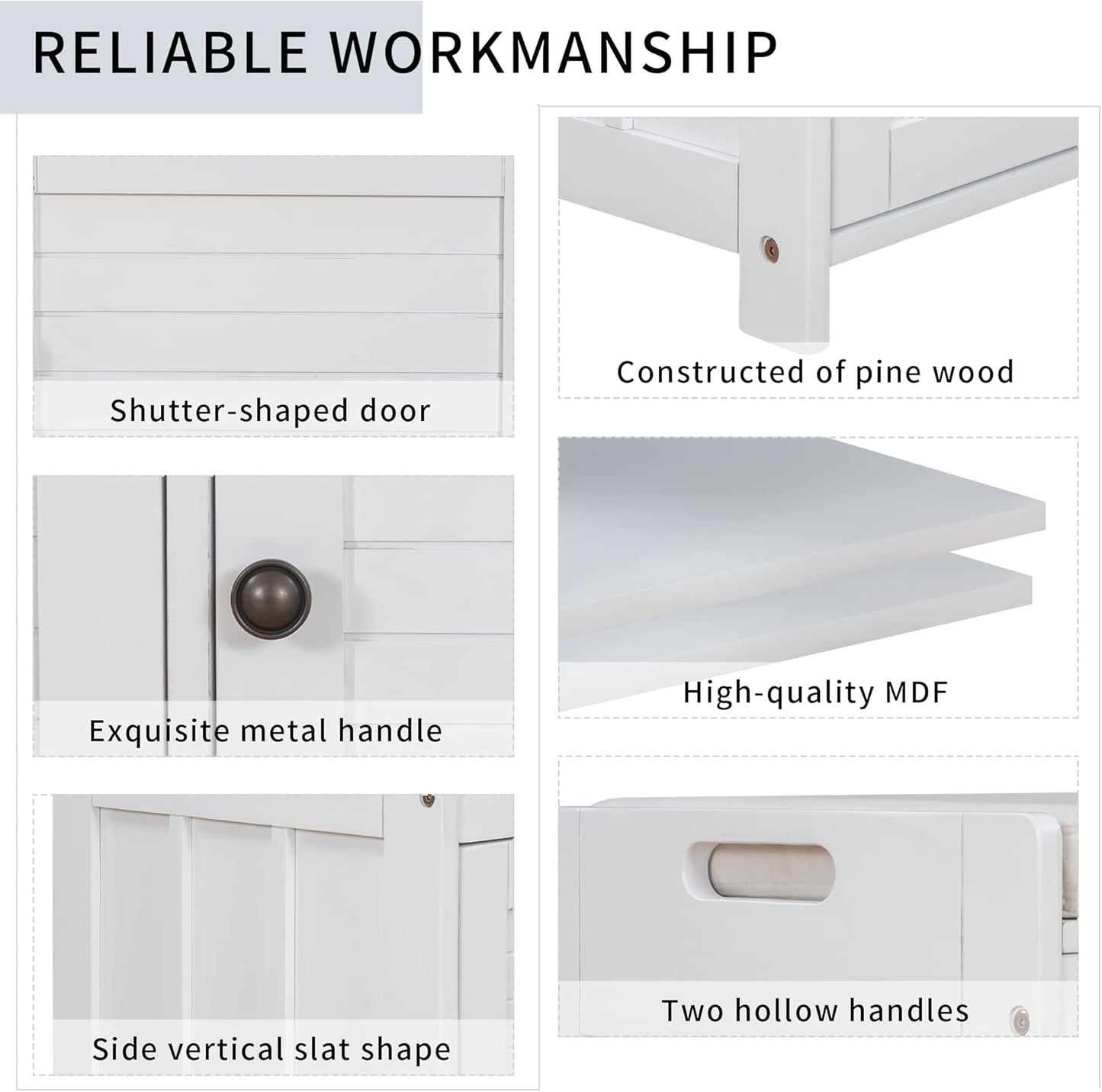 Storage Bench with 3 Shutter-Shaped Doors, Pine Wood Shoe Bench with Removable Cushion and Hidden Storage Space for Living Room, Entryway 43.5" L x 16" W x 18" H (White)