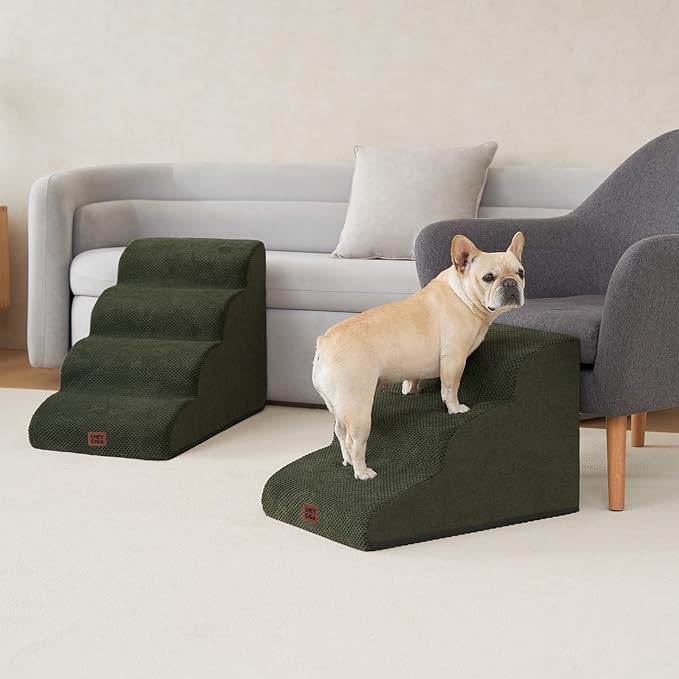 EHEYCIGA Curved Dog Stairs Ramp for Small Dogs 15.7" H, 3-Step Dog Steps for Couch Sofa and Chair, Pet Stairs for Cats, Non-Slip Balanced Pet Steps Indoor, Olive Green