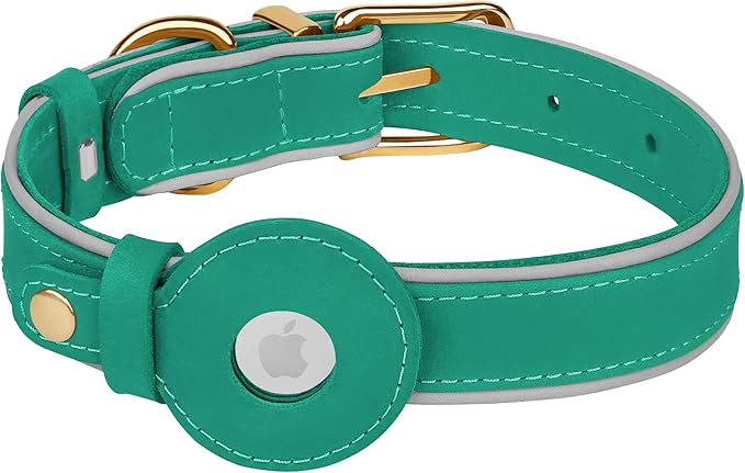 OOPSDOGGY Reflective Geniune Leather Airtag Dog Collar Soft Padded Collars for Small Medium Large Breed Dogs Puppy, 4 Sizes, 7 Colors (Teal, Large, 15"-19")