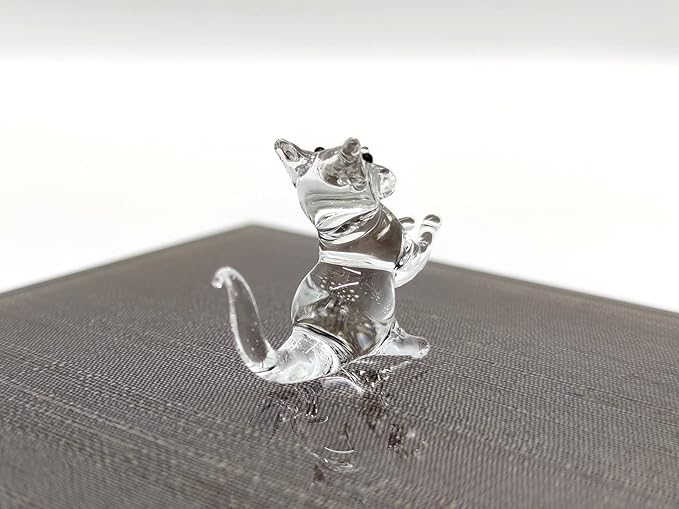 Cat Tiny Micro Figurines Blown Glass Art Animals Hand Painted Collectible Gift Decorate (Clear Stand)