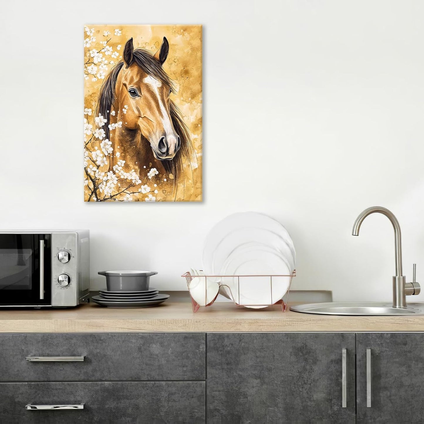 Horse Wall Art Canvas Rustic Horse Wall Decor Prints Framed Painting Farmhouse Flower Pictures Gifts Artwork for Bathroom Living Dining 16"x24"