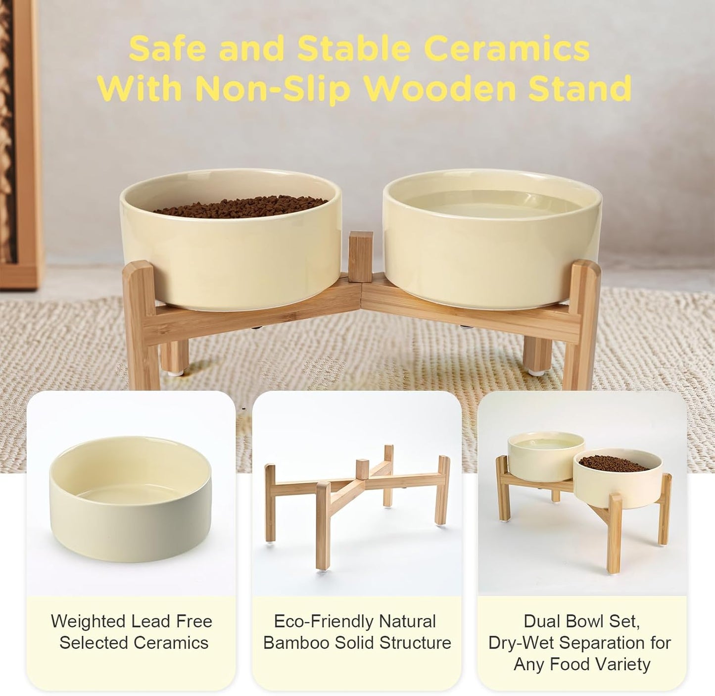 SPUNKYJUNKY Elevated Dog Bowls Ceramic, 7.3'' Dogs Food Water Bowls Raised with Non-Slip Bamboo Stand for Medium to Large Sized Breed Microwave Dishwasher Safe - 42 OZ,Beige