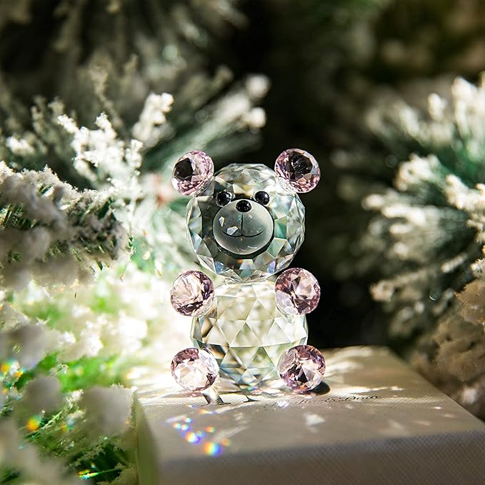 H&D Pink 3D Little Bear Crystal Figurine Paperweights Glass Xmas Decor