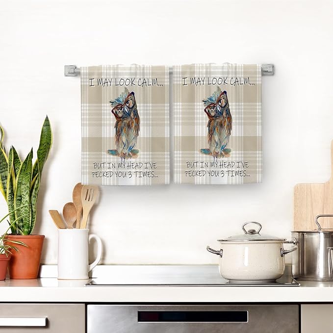 Funny Owl Kitchen Dish Towels Decorative Set of 2, Absorbent Cute Buffalo Plaid Tea Hand Towels for Kitchen Farmhouse Housewarming Bar Cooking Baking Drying Decor Owl Lover Gift