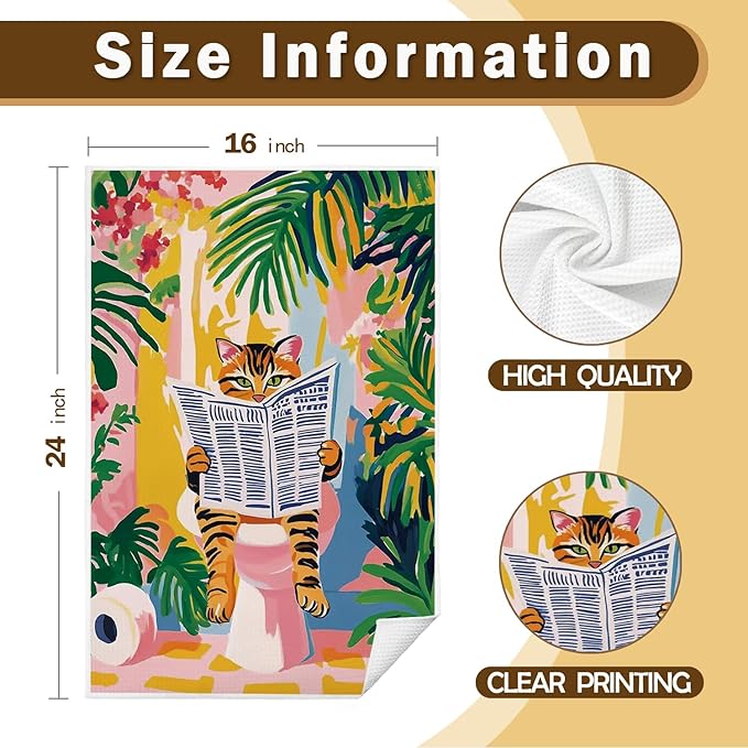Trendy Maximalist Newspaper Tabby Cat Bathroom Hand Towels, Tropical Botanical Cat Kitten Decorative Hand Towels for Bathroom Decor, 16x24 Inch
