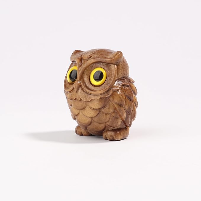Owl Wooden Figurine,Handmade Art Carved Miniature Animal Garden Statue Collectible,Gift Holiday Home Decor,for Office, Desktop, Bedroom, Living Room, Bookshelf Decoration