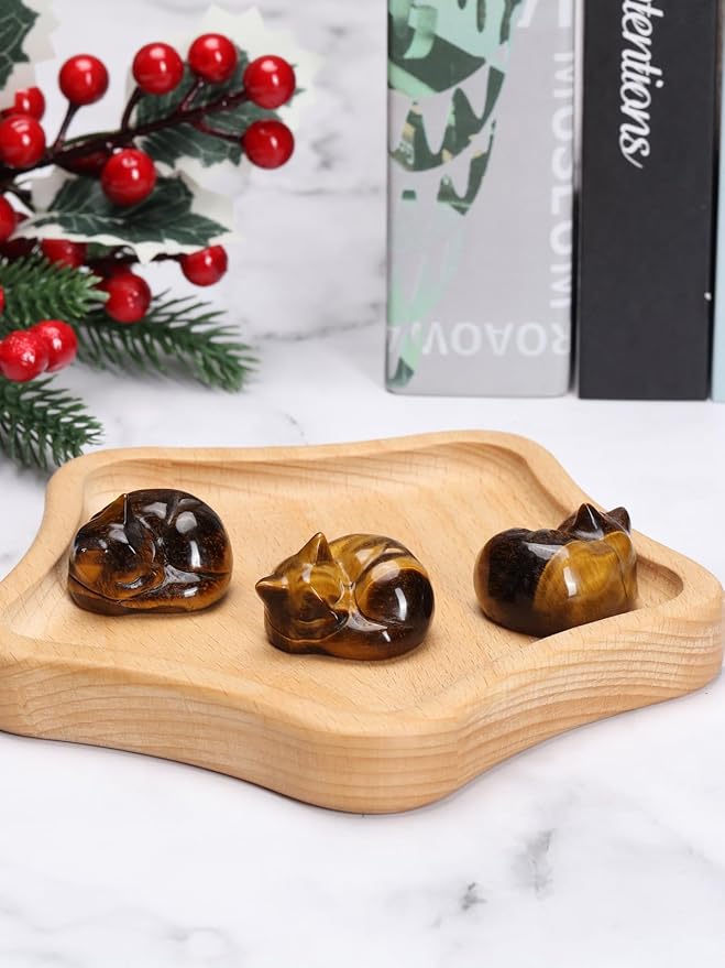 Top Plaza 1.6" Tiger Eye Stone Cat Crystal Statue Cute Sleeping Cat Figurine Polished Carved Gemstones Sculpture Home Office Desk Decor Balancing Meditation Crystal Gifts for Women Cats Lover