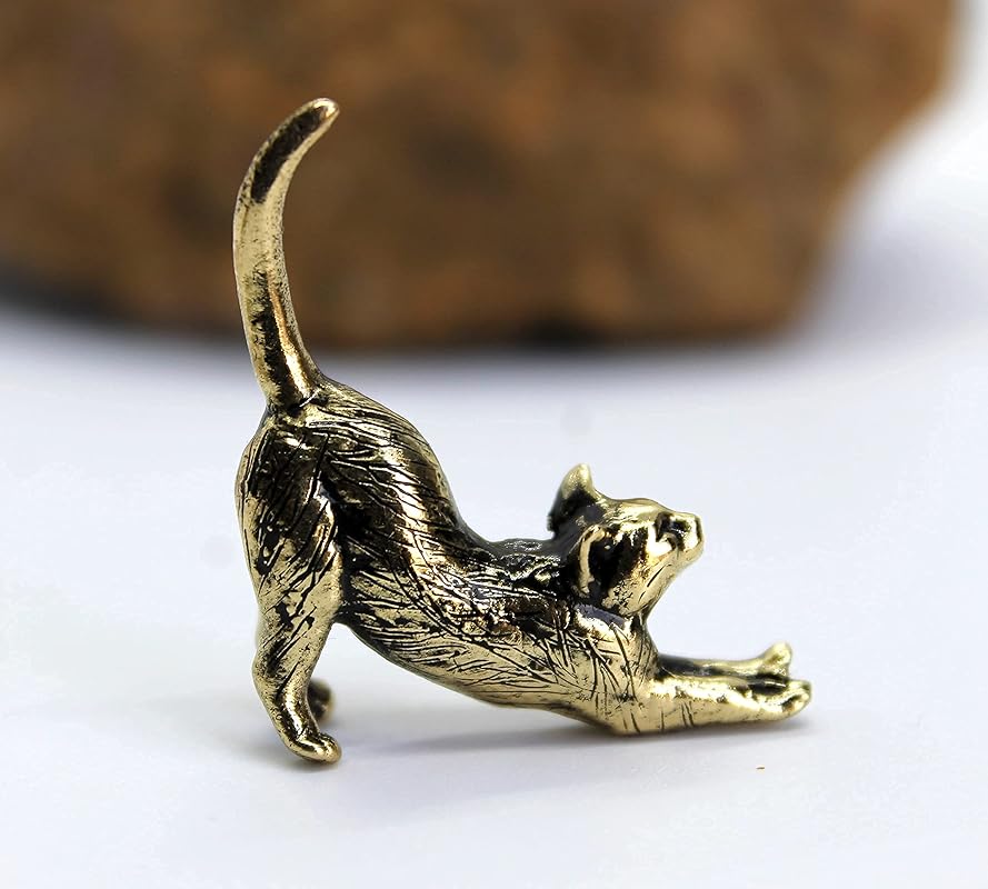 Stretching Cat Figurine Hand-Casted in Brass Small Kitten Miniature Collectible Gift for Cat Lovers Tiny Metal Decorative Trinket