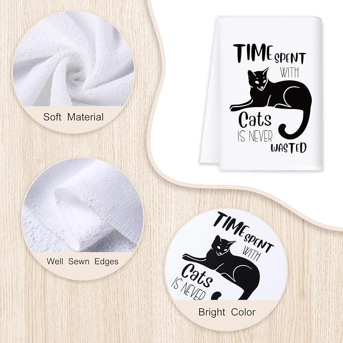 Vesici 4 Pieces Funny Cat Kitchen Towels Cute Cat Theme Dish Absorbent Kitchen Tea Farmhouse Decorative Hand Towels for Housewarming Birthday Pet Lover Fun Gift