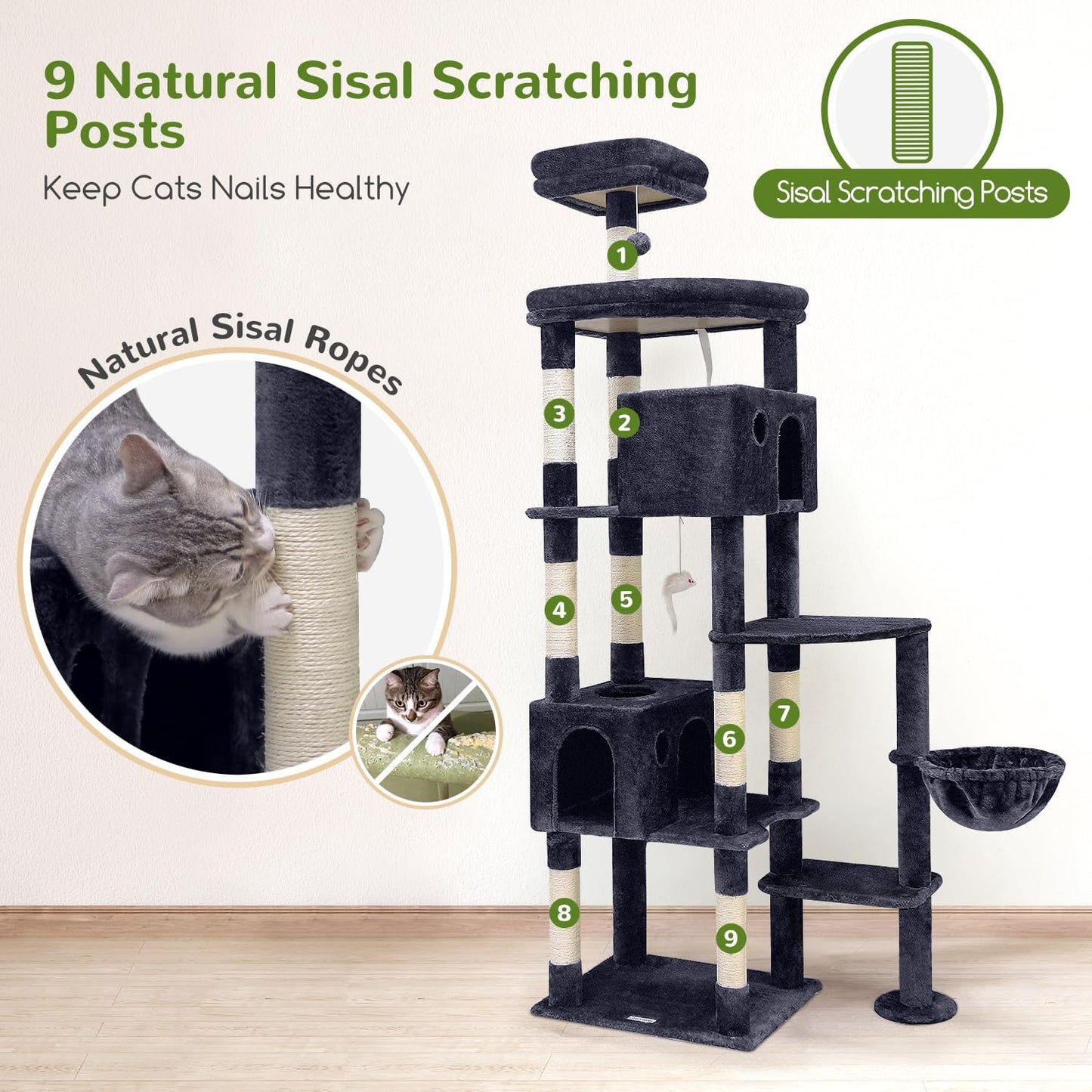Globlazer Giant Cat Tree, 83 inch Cat Tree for Indoor Cats Large Adult, XXL Cat Tower with 9 Scratching Posts for 20lb+ Heavy Duty Large Adult Cats, F83, Dark Grey