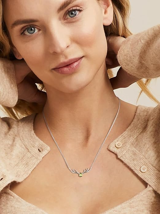 Silvora 925 Sterling Silver Deer Antler Necklace, Antler Deer Jewelry Antler Pendant Choker Birthstone Necklace Christmas Jewelry for Women