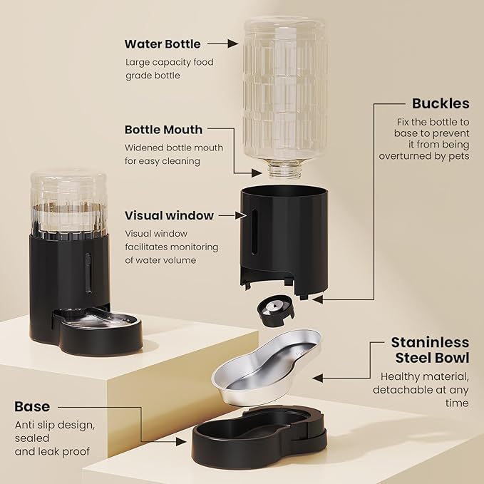 CZPET Automatic 4L/1Gal/135Oz Cat Water Dispenser with Stainless Steel Bowl, Gravity Waterer for Small Medium Dog Puppy Kitten (Black)
