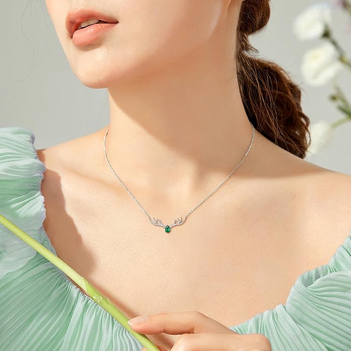 SILVERCUTE Sterling Silver Birthstone Necklaces for Women, Xmas Antler Deer Pendant Necklace with Colorful Cubic Zirconia,16-18 inches