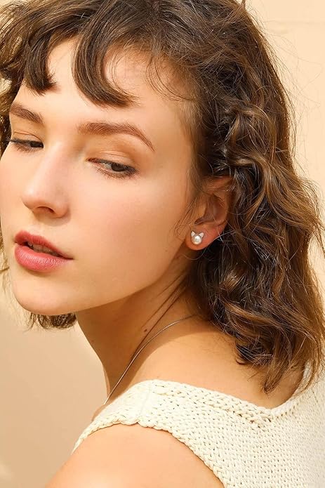 S.Leaf Cat Earrings Pearl Earrings Sterling Silver Earrings for Women Cat Memorial Gifts Cat Gifts for Cat Lovers Cat Jewelry for Women