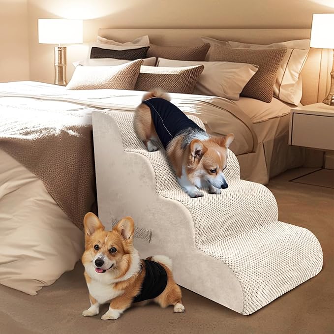 PAWSCART Dog Stairs for Small Dogs and Cats, 4-Step Dog Steps for Bed, 19.6" H Pet Stairs for High Bed, Pet Ramp for Couch, Sofa, Non-Slip Surface Removable Washable Cover, Beige