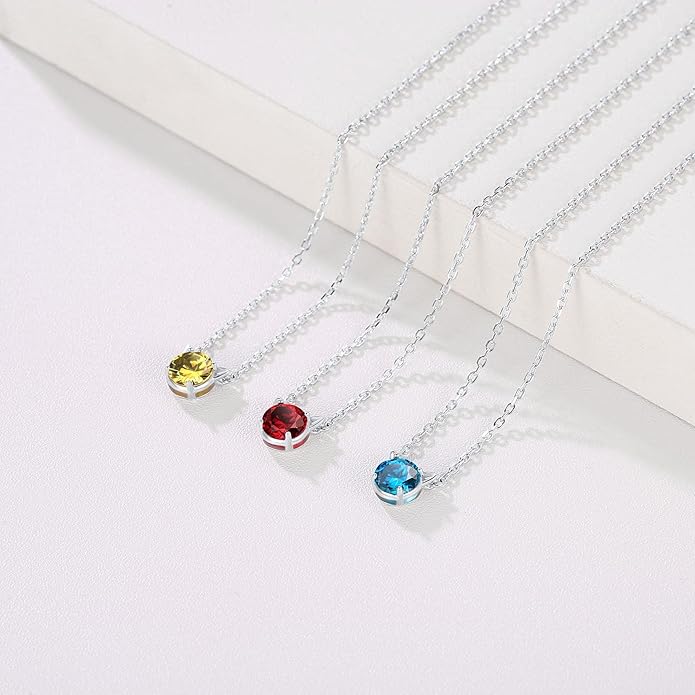 SILVERCUTE Sterling Silver Birthstone Necklace for Women,Dainty Silver Pendant Necklace with Round Cubic Zirconia,16"-18"