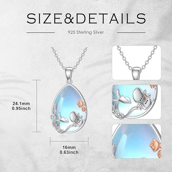 CRMAD Daisy/Black Cat/Dragonfly/Daffodil/Hummingbird/Stingray/Phoenix Feather/Rose Necklace Sterling Silver Moonstone Teardrop Pendant Necklace Flower Animal Jewelry Gifts for Women