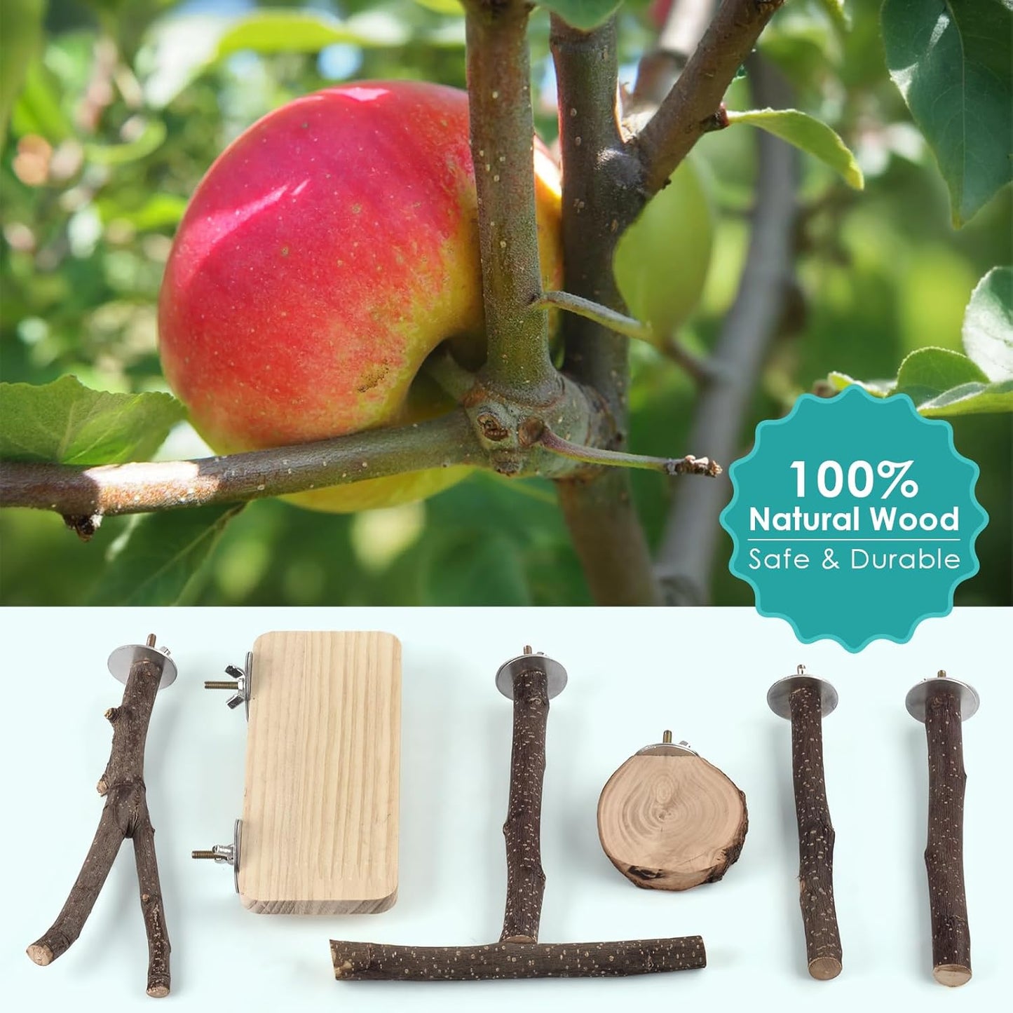 Bird Perches, 6 Pcs Natural Wood Parrot Perch Stand Chew Toys, Hanging Multi-Branch Parrot Perch Platform Swing Toy Cage Accessories for Small Parakeets, Budgies, Lovebirds, Canaries, Finches