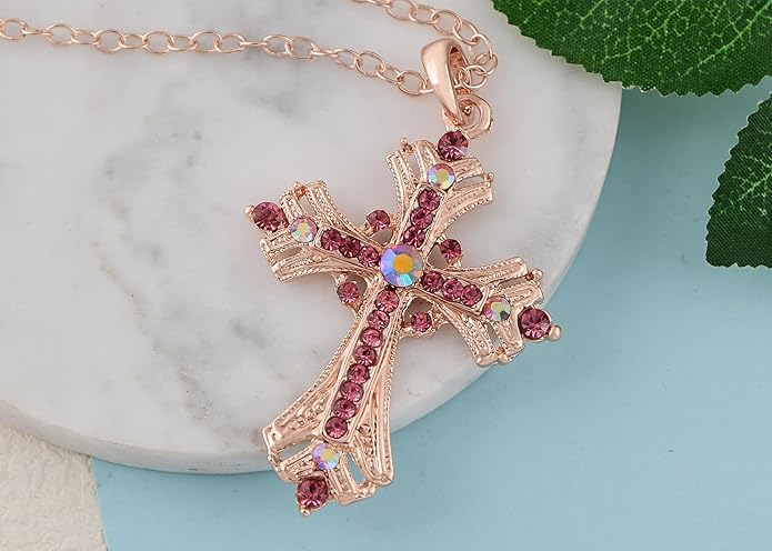 Alilang Silvery Tone Religious Cross Pendant Necklace w/Aquamarine Blue Or Clear Crystal Rhinestones
