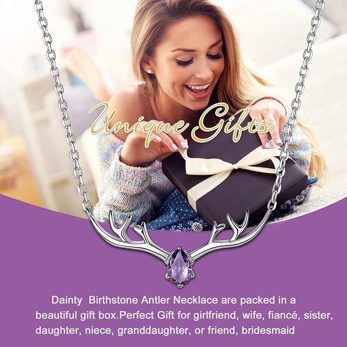 SILVERCUTE Sterling Silver Birthstone Necklaces for Women, Xmas Antler Deer Pendant Necklace with Colorful Cubic Zirconia,16-18 inches
