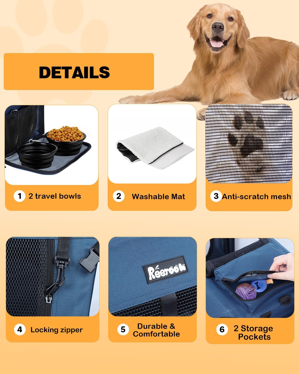 Extra Large Dog Crate with 2 Foldable Bowl, 40 Inch Collapsible Travel Dog Crate Kennel with Soft Blanket for Medium Dogs,Indoor & Outdoor (40" L x 27" W x 27" H, Navy)