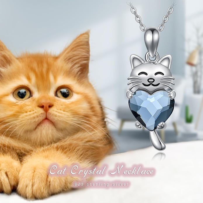 JUSTKIDSTOY Sterling Silver Cute Animal Pendant Necklace with Crystal Cat Pendant - Women's Cat Lovers Jewelry Gift