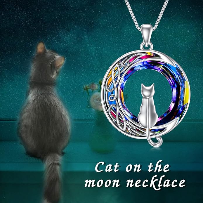 TOUPOP Cat Gifts for Cat Lovers 1 2 3 Cats Necklace Sterling Silver Cat on the Moon Pendant Necklace with Blue Circle Crystal Birthday Christmas Celtic Jewelry Gifts for Women