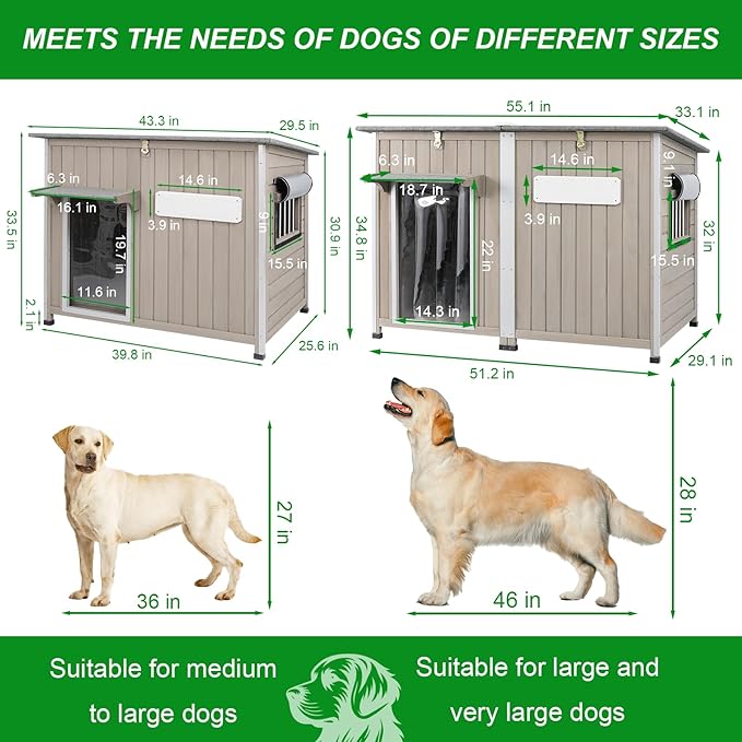 Dog House Outdoor Weatherproof & Wooden Dog Kennel with Chew-Proof Iron Frame,Removable Floor, Adjustable Vent Window, Easy Assembly for Large and Medium Dogs 43.3" D x 29.5" W x 33.5" H
