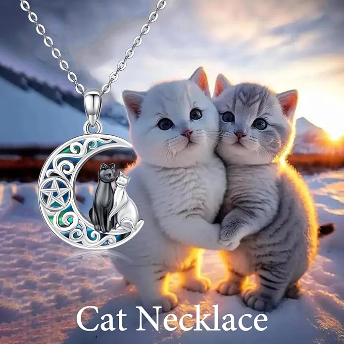 Odinstone Cat Necklace, S925 Sterling Silver Cat on Moon Pendant with Cubic Zirconia, Cat Jewelry Mothers Day Gifts for Mum with Gift Package - I Love You Forever