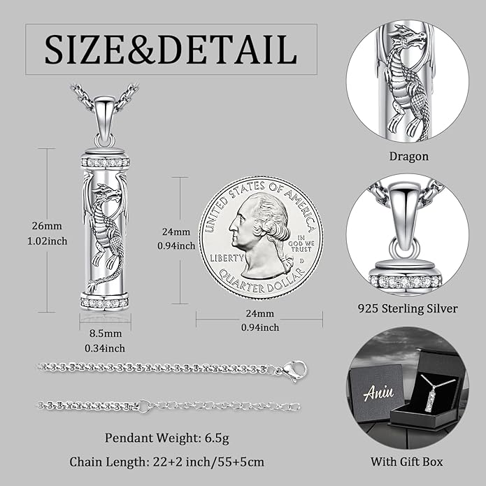 Aniu Cremation Jewelry for Ashes S925 Sterling Silver Urn Necklace Memorial Necklace for Human Ashes of Loved Ones Keepsake Pendant for Men Women