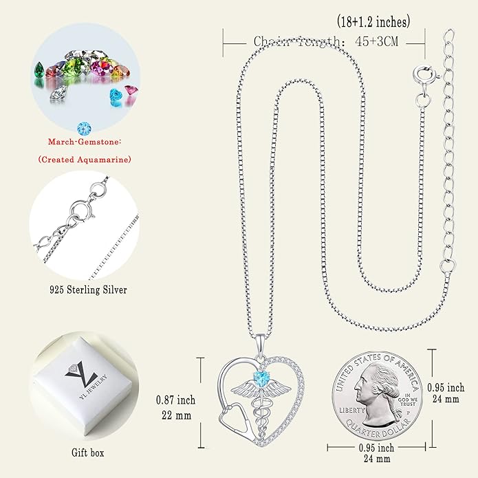 YL Caduceus Heart Necklace for Women Sterling Silver Doctor Nurse Themed Stethoscope Pendant Birthstone Angel Wings Snake Jewelry