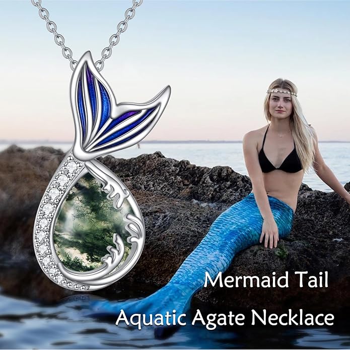 Teardrop Moss Agate/Turquoise/Moonstone/Larimar Mermaid/Fox/Cat Necklace Sterling Silver Pendant Necklace Jewelry Gifts for Women