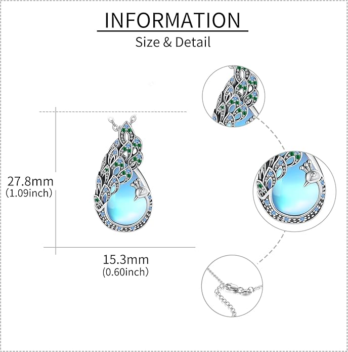 Sterling Silver Blue Opal Turquoise Peacock Pendant Necklace - Peacock Jewelry Gifts for Women