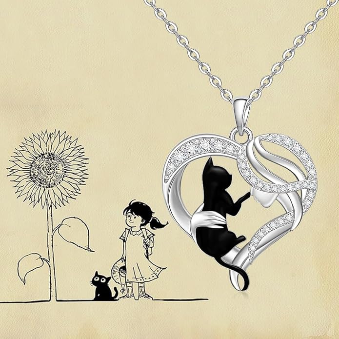 Black Cat Necklace for Women 925 Sterling Silver Cat Necklace Heart Cat Necklaces Pendant Halloween Christmas Gifts