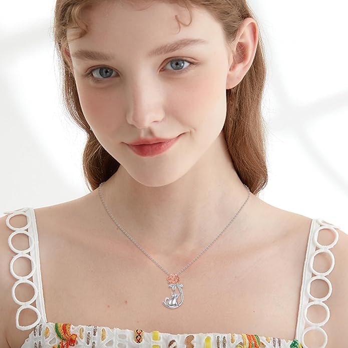 URONE Cat Necklace 925 Sterling Silver Cat Pendants Necklace Animals Jewelry Gifts For Women