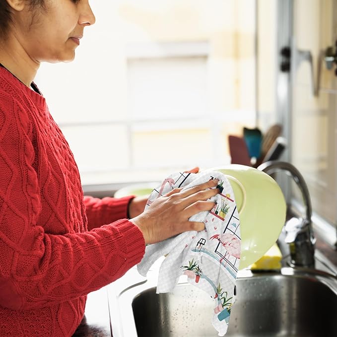 Pink Flamingo Decor Kitchen Towels for Bathroom Set of 2, Flamingo Bathroom Decor, Flamingo Gifts for Women, Cute Flamingos Waffle Weave Dish Towels 18x26 Inch