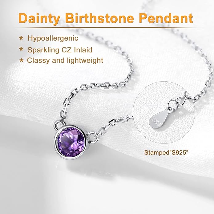 SILVERCUTE Sterling Silver Birthstone Necklace for Women,Dainty Silver Pendant Necklace with Round Cubic Zirconia,16"-18"