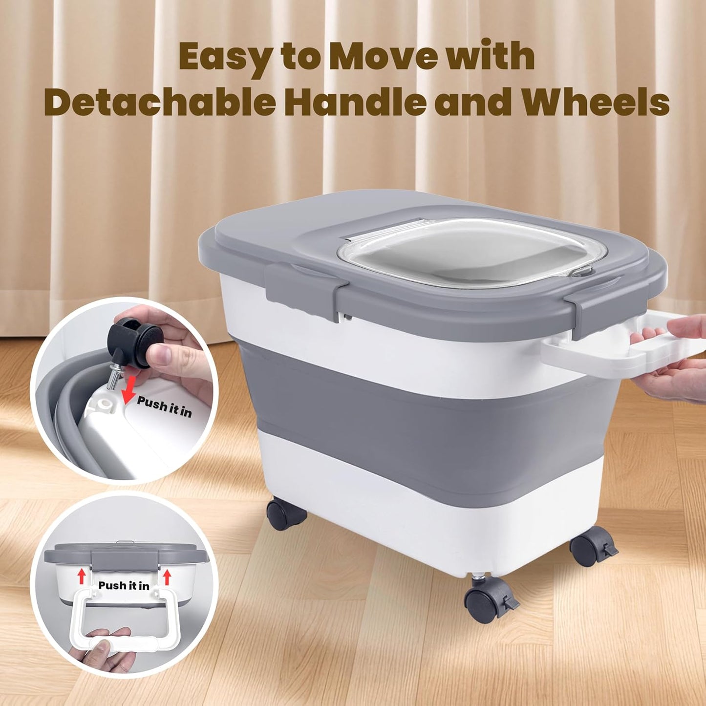 HOYTAMDA 20-30Lbs Rice Container,Collapsible Airtight Food Storage Containers with Wheels,Handle,Rice Storage Container with Small Bin and Scoop,Rice Dispenser for Flour Sugar Cereal Grain Dog Cat