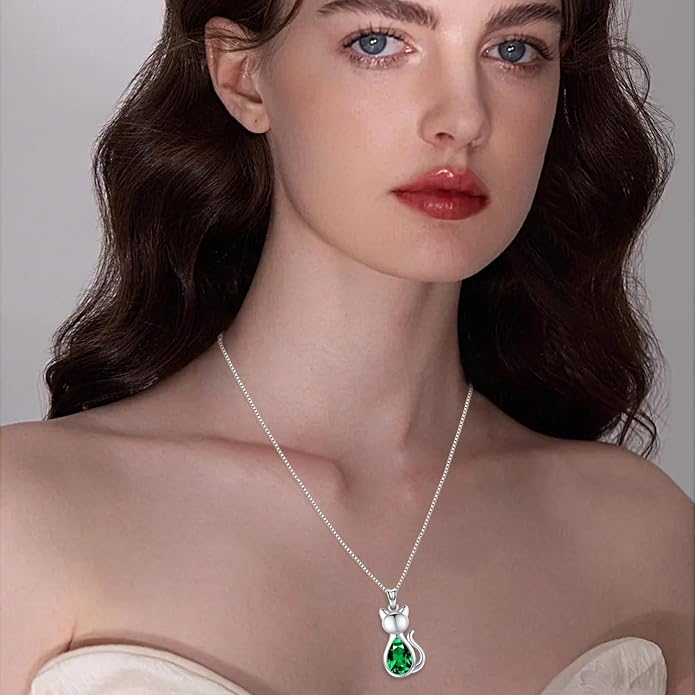 Odinstone Cat Birthstone Necklaces Jewelry Sterling Silver Cat Pendant Necklace Gift for Women Gifts, 18'' Silver Box Chain Women's Birthstone Crystal Cat Jewelry Gifts