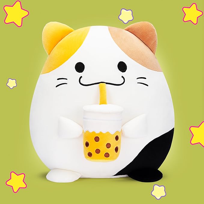 Original 12.5-inch Large Calico Cat Plush Pillow Stuffed Animal Toy,Big Size Cute Soft Fat Hugging Cuddle Huggable Plushie,Gift for Kids