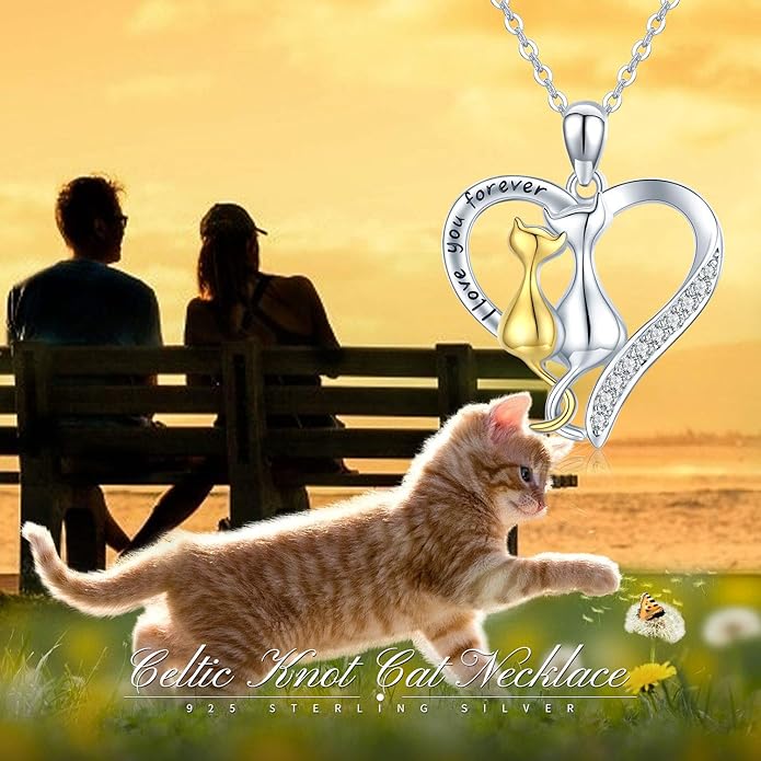 CHENGHONG Cat Necklaces 925 Sterling Silver Jewelry Cute Double Two-Tone Cat Pendant Cubic Zirconia Necklace I love you forever for Cat Lover Jewelry Gifts for Women
