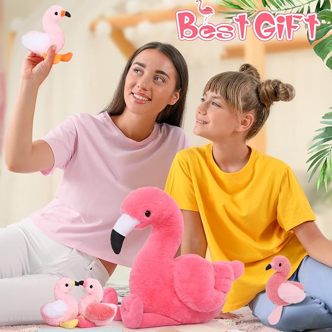 MorisMos Plush Flamingo Stuffed Animal-18 Inch Mommy Stuffed Flamingo with 4 Baby Bird Plush Toys Inside Zipper Tummy, Pink Bird Stuffed Animals Gift for Girl Women Decor Birthday Christmas Valentines