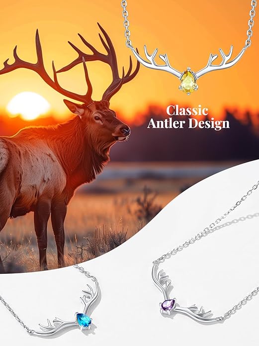 Silvora 925 Sterling Silver Deer Antler Necklace, Antler Deer Jewelry Antler Pendant Choker Birthstone Necklace Christmas Jewelry for Women