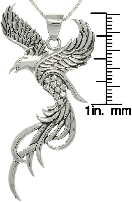 Sterling Silver CZ Eagle Phoenix Pendant Necklace 18"